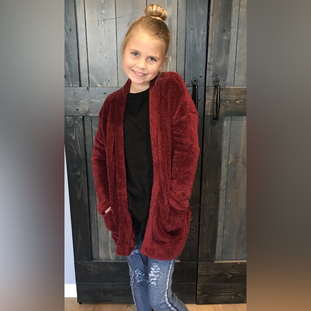 Girls Burgundy Fuzzy Cardigan